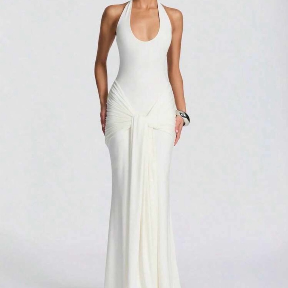 White Halter Evening Gown - Elegant Ruched Detail